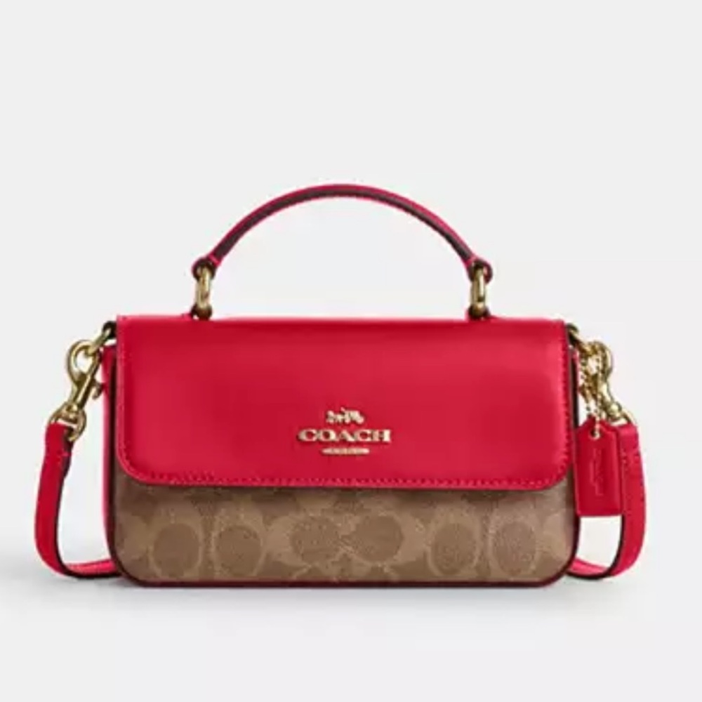 ♥️CoachNWT Mini Josie Top Handle Bag InTan/Red Signature Canvas &Crossbody strap